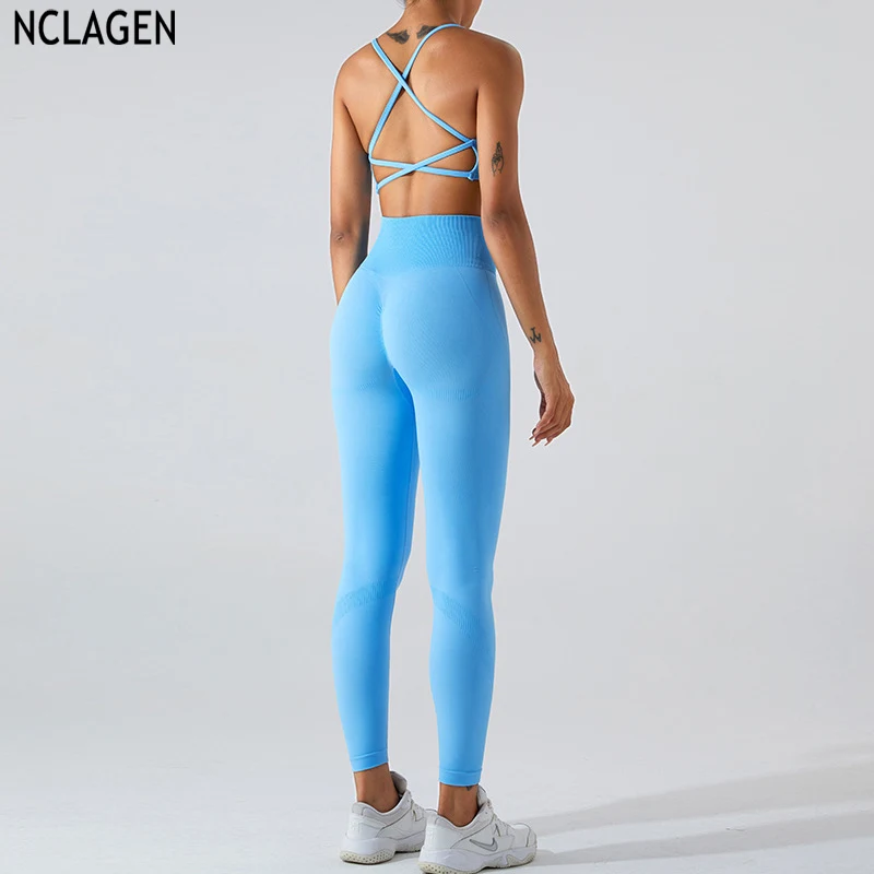 NCLAGEN безшевни фитнес костюм комплект дамски кръст обратно спортен сутиен висока талия хип лифт йога сутиен и панталони фитнес тренировка дишаща
