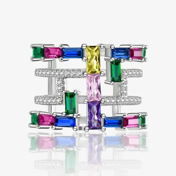 100% 925 стерлинги сребърен квадрат цветни кубични цирконови пръстени за жени Пенливо сватбено тържество Фини бижута на едро