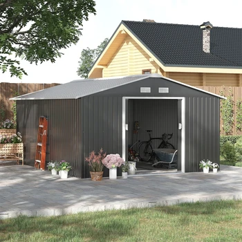 11'x 13' открит навес за съхранение, градинско инструментално помещение с фундамент, водоустойчива и ветроустойчива практична метална къща в задния двор