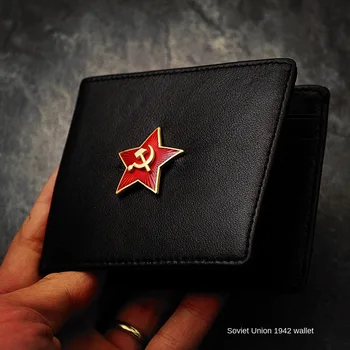 1942 Малка червена звезда портфейл чук & сърп пълнозърнеста овча кожа метален етикет орел портфейл