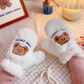 2022 Зимни корейски инс мечка плюшени ръкавици Kawaii сладък мечок топло плюшени розови ръкавици деца езда ръкавици за жени