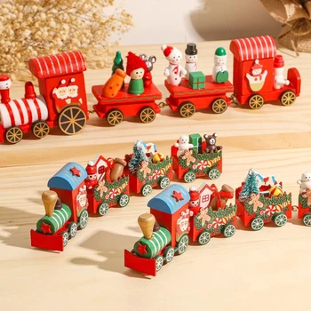 2023 Весела Коледа Дървен влак Орнамент / 4 възела Ръчно сглобена влакова играчка за дома Дядо Коледа подарък Коледа Новогодишна украса