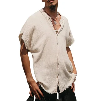 2023 Летни мъжки ежедневни хлабави реколта памучни ленени ризи Хавайски къс ръкав бутон жилетка блузи за мъже дрехи Y2k Shir