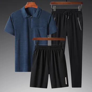 2023 Мъжки комплекти за бягане Бързосъхнещ мъжки комплект с къс ръкав Ice Silk 3-парче анцуг за мъже, включително къси панталони за тениски и панталони