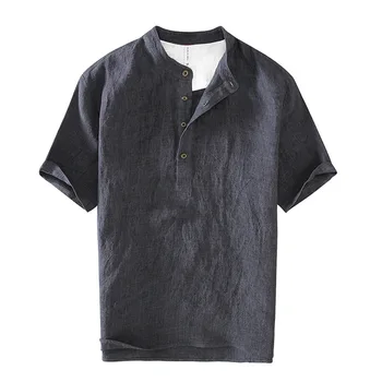 2023 Ново бельо с къс ръкав Solid Youth Summer Loose Versatile Large Pullover Collarless Khaki Casual Loose Shirt