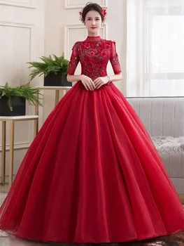 2023 Червена сватбена рокля булката вино червена топка рокля жена рокли плътен цвят дантела апликация бродерия стойка яка пет цента ръкав