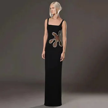 2024 Луксозна диамантена рокля с превръзка Нова черна секси без ръкави квадратна вратна мрежеста вложка Макси рокля