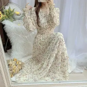 2024 Нова елегантна V-образно деколте шифон флорална рокля за дамско облекло Пролетна есенна талия Дълга рокля Женски рокли Вестидос