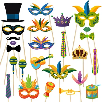 25Pcs Creative Mardi Gras Тема Парти маска Фото щанд Подпори Мексикански карнавал Семейно празнично парти Фотография Декорации
