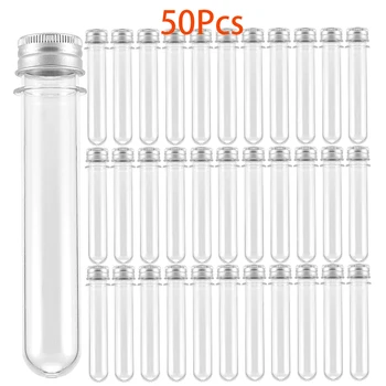 50Pcs 40ml многократна тръба Прозрачни PET пластмасови епруветки Прозрачни тръби за сол за вана с алуминиев капак за бонбони подправка