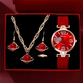5pcs комплект луксозни жени кварцови часовници сърце кристал набиране часовник дами мода рокля часовник PU кожена каишка случайни китката часовник