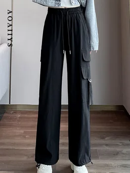 Aoaiiys Черни карго панталони жени 2023 Есен корейски дантела нагоре шнур случайни моп панталони ластик твърди широк крак streetwear