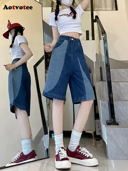 Aotvotee снаждане дънкови шорти жени висока талия къси панталони Harajuku широки крака улично облекло мода Жан шорти Y2k 2023 ново лято