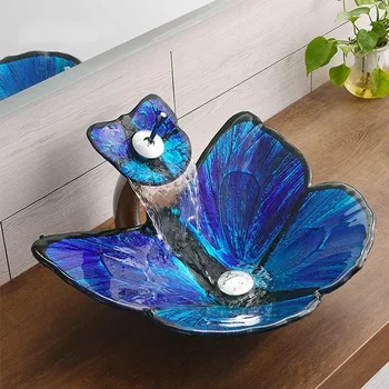 Butterfly-форма закалено стъкло баня мивка хотел тоалетна плот мивка персонализирани ръчно измиване басейн изкуство басейн