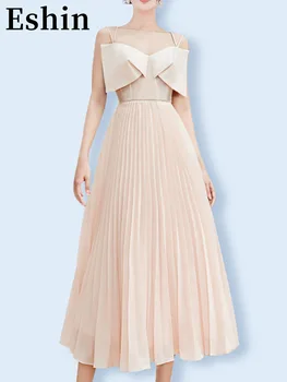Eshin 2023 Лято шифон плисирани пачуърк лък дизайн елегантни жени спагети каишка рокля висока талия случайни Y2k стил TH4124