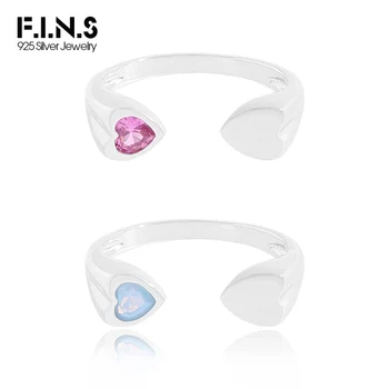 F.I.N.S Корейска мода Розово синьо кубичен цирконий S925 стерлинги сребро отворен пръстен любов сърце регулируеми пръст фини бижута подаръци