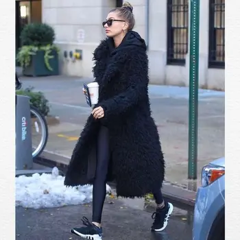 Fashion Casual Черно плюшено дълго палто за жени 2023 Есен и зима имитация кожа космати палто яке жени