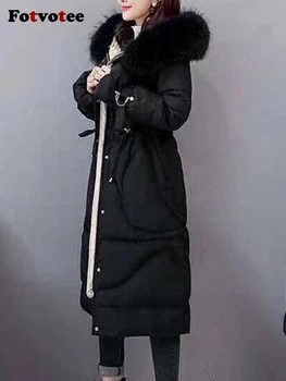 Fotvotee 90 патица надолу якета жени тънък палто с качулка кожа яка корейски модни дрехи сгъстяват топло parkas елегантен връхни дрехи