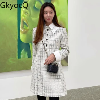 GkyocQ корейски шик есен френски малък парфюм ревера яка цвят сблъсък каре хлабав случайни дълъг ръкав туид рокля женски