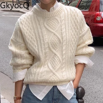 GkyocQ пуловери корейски стил мода случайни плета пуловер O врата твърди основи женски върхове Нова есен 2023 Дамски плетени дрехи