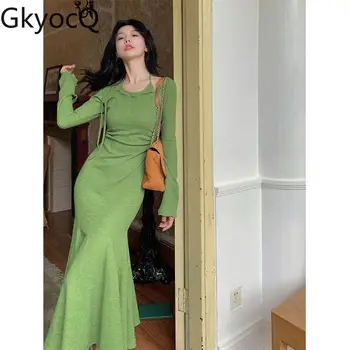 GkyocQ Шик жени дълги рокли трикотажни Halterneck кльощава твърди тънък годни плисирана елегантна рокля луксозни поли корейски стил дрехи