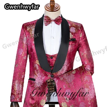 Gwenhwyfar цветя модел младоженец смокинги мъже сватбена рокля популярни мъже бизнес абитуриентски колектив 3 парчета костюм (яке + панталони + жилетка)
