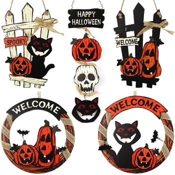 Halloween Welcome Card Garland Door Hanging Halloween Wooden Pumpkin Black Cat Cemetery Castle Ghost Dressing Supplies