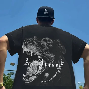 High Street Style Свободна памучна тениска с къс ръкав Хип-хоп американски Y2K куче печат случайни ретро топ мъжки дрехи 2023 лято