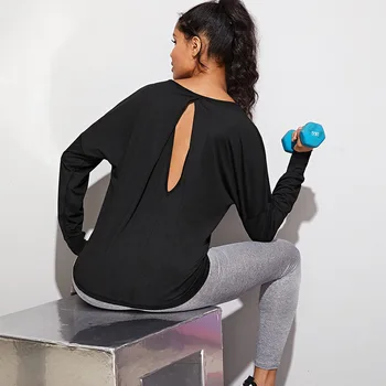 Hollow Out Back Yoga Top абсорбира пот дълъг ръкав бягане фитнес върховете бързосъхнещи свободни жени тренировка йога риза