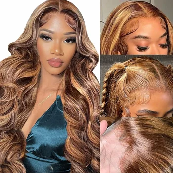 Honey Blonde Lace Front Wig Human Hair 13x4 Ombre Pre Plucked with Baby Hair 180% Highlight Glueless Body Wave Lace Frontal Wigs