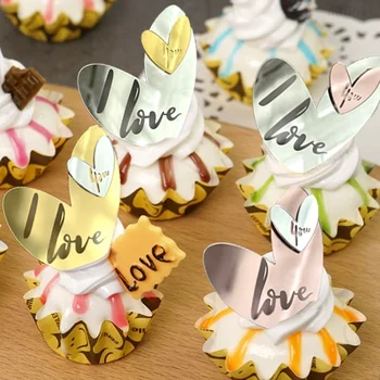 Ins Style Double Heart Gold Acrylic Happy Birthday Cake Topper Silver Heart Wedding Party Valentines Day Gift Cake Dessert Decor