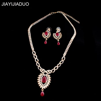 jiayijia индийски булчински бижута комплект златен цвят огърлица обеци комплект за жените червено/смола инкрустация ретро елегантна рокля аксесоари