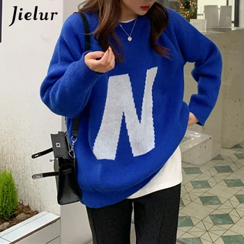 Jielur мода писмо синьо трикотажни пуловери жени зимата нов Kpop стил хлабав външен износване пуловер женски свободно време O-образно деколте пуловери