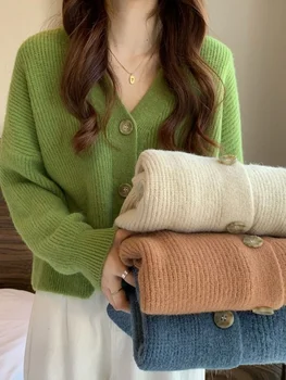 Joskaa плетена класическа жилетка жени хипстър v-образно деколте дълъг ръкав пуловер палта есен 2023 реколта пухкави върхове Harajuku улично облекло