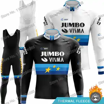 Jumbo Visma Колоездене Джърси Мъжки комплект 2023 Европейски шампион Колоездене облекло Зимна риза за шосейни велосипеди MTB Велосипедно термо яке