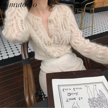 Kimutomo Gentle Solid Loose Hollow Out плетене жилетка жена елегантен O врата дълги ръкави единични гърди универсален пуловер Ins