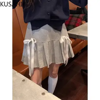 KUSAHIKI Preppy стил папийонка висока талия A-линия плисирана пола за жени 2024 пролет есен нови вълнени къси поли Mujer