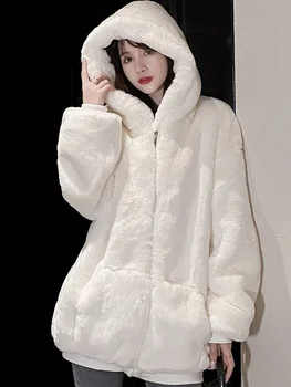 Lautaro Зимни пухкави топли меки бели извънгабаритни изкуствена кожа яке жени дълъг ръкав черен цип нагоре изкуствена кожа суитчър корейски сива врана