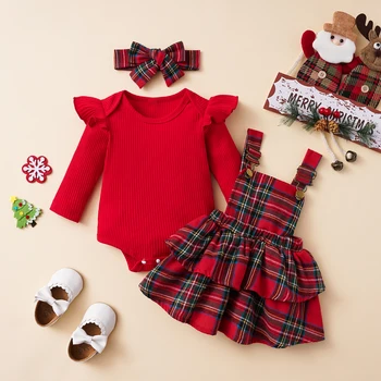 ma&baby 0-18M Коледно новородено бебе бебе момиче дрехи комплекти къдрици плетени гащеризон карирана бутон поли костюми Коледа костюми D05