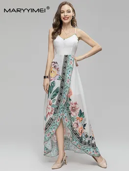 MARYYIMEI моден дизайнер лято дамска рокля прашка мъниста цветен печат шифон сплит хлабав v-образно деколте етаж дължина рокли