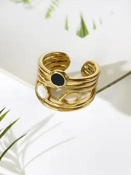 Minar луксозен микс черен бял естествен черупка буци отворена лента пръстен за жените злато PVD покритие неръждаема стомана аксесоари