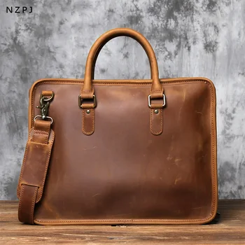 NZPJ реколта естествена кожа мъжки куфарче оригинален естествен телешка чанта свободно време Crossbody пътуване компютър чанта Мъжка чанта