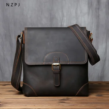 NZPJ Ретро мъжка кожена чанта за рамо Първи горен слой телешка куриерска чанта Случайна вертикална мъжка чанта, подходяща за 11-инчов Ipad