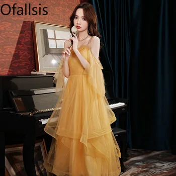 Ofallsis Френска жълта вечерна рокля без презрамки женствен стил знаменитост висок клас светлина луксозен арт изпит розови годежни рокли