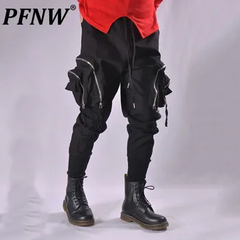 PFNW мъжки тъмно облекло личност двоен цип триизмерен джоб карго панталони тънък Харун панталони висока улица гащеризони 12Z1978