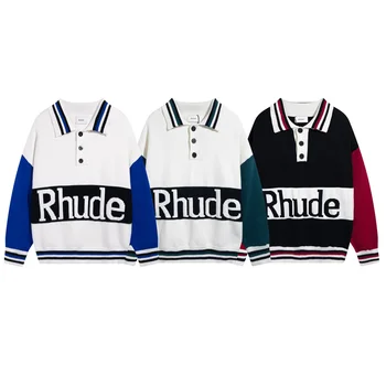 Rhude плетен пуловер 1: 1 Висококачествен бутон за блокиране на цветовете жакард извънгабаритно лого мъжки дамски вълнен пуловер с етикет