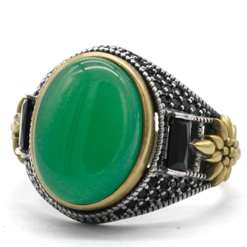 S925 стерлинги сребро мъжки зелен ахат пръстен мъжки голям естествен камък пръстен ретро пънк бижута мъже No 7-13