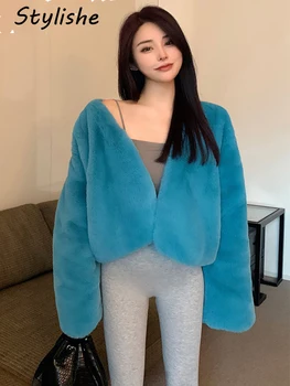 Stylishe есен зима жени изкуствена кожа палто синьо V врата топло елегантен кратко женско яке кафяв високо качество корейски дама върховете нови