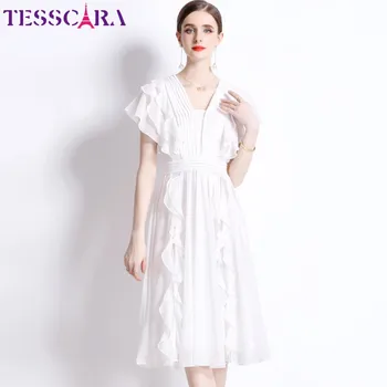 TESSCARA жени лятна елегантна рокля от шифон висококачествена дълга сватбена коктейлна халат реколта волан дизайнер бял вестидос