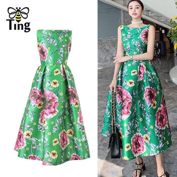 Tingfly дизайнер модна реколта елегантни флорални бални рокли парти вечеря рокли дама ретро 90S линия чай дължина рокля
